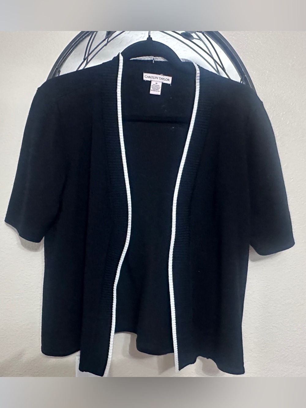 Carolyn Taylor Black Short-Sleeve Open Cardigan with White Trim